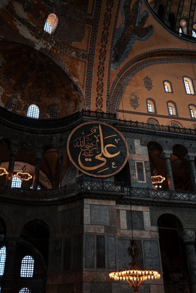 Captivating view of the intricate architecture inside Hagia Sophia, Istanbul.