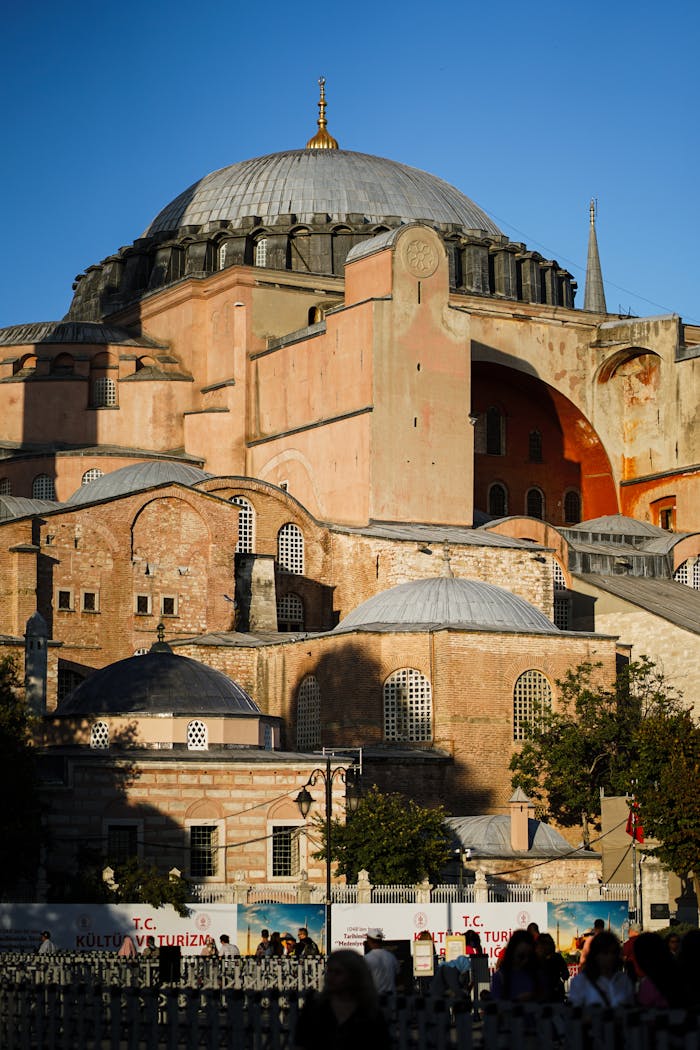 The historic Hagia Sophia mosque in Istanbul, captured in natural daylight showcasing Byzantine architecture.